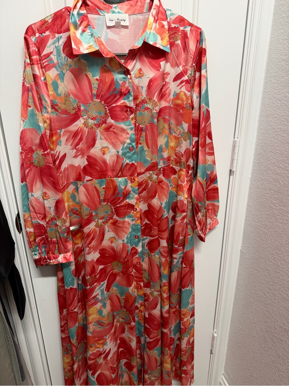 Button-Front Coral Floral Maxi Dress with Long Sleeves